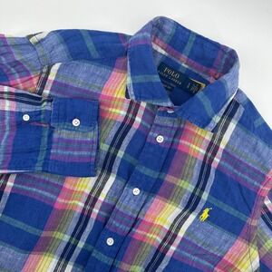 Polo Ralph Lauren Mens Large Classic Fit Plaid Linen Button Down Shirt Blue